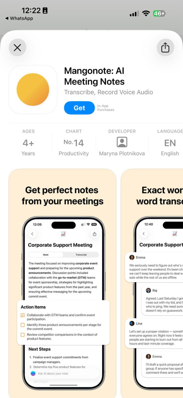 iPhone 必備 AI 會議筆記神器 Mangonote 終身版限時免費下載 98% 準確度 原價$588一年
