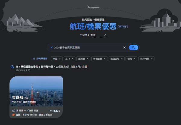 訂機票秘技!全新Google Flight Deals新功能登場! 輸入「一句話」AI自動格價搵最抵機票