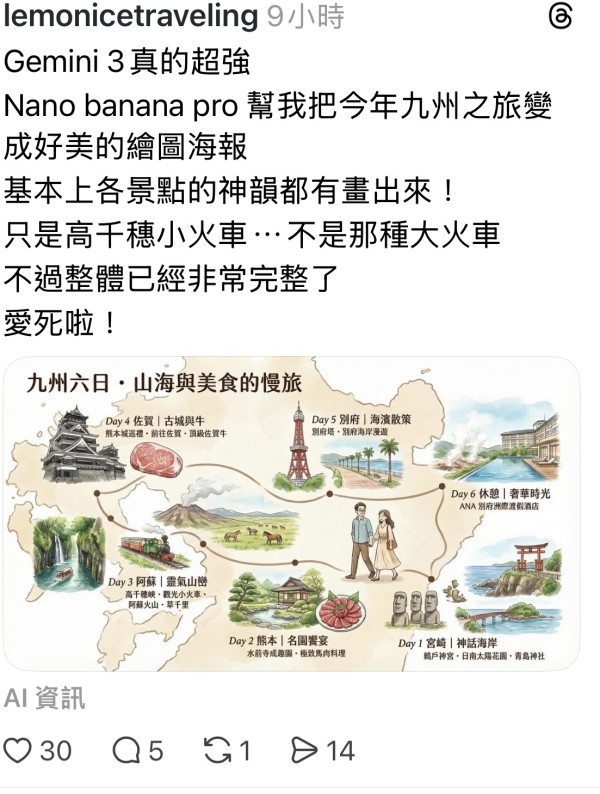 網友們示範的AI旅遊行程變成繪本的作品（圖片來源：threads)
