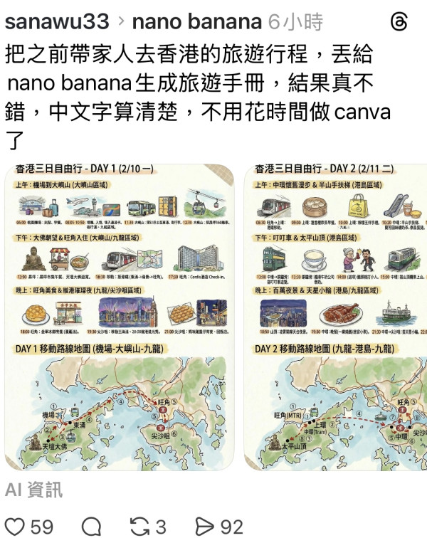 網友們示範的AI旅遊行程變成繪本的作品（圖片來源：threads)