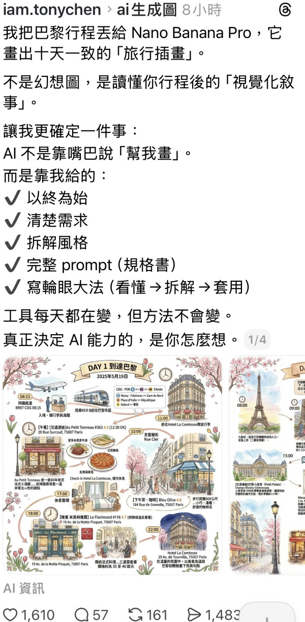 網友們示範的AI旅遊行程變成繪本的作品（圖片來源：threads)