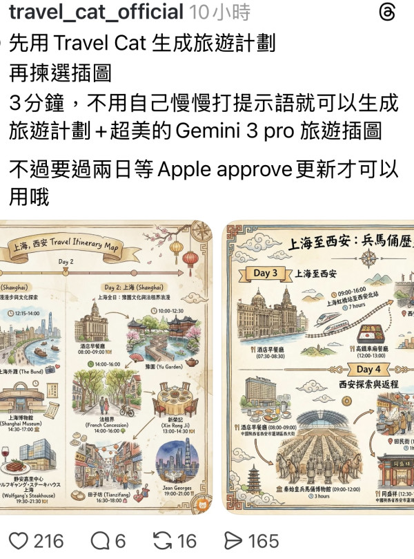 網友們示範的AI旅遊行程變成繪本的作品（圖片來源：threads)