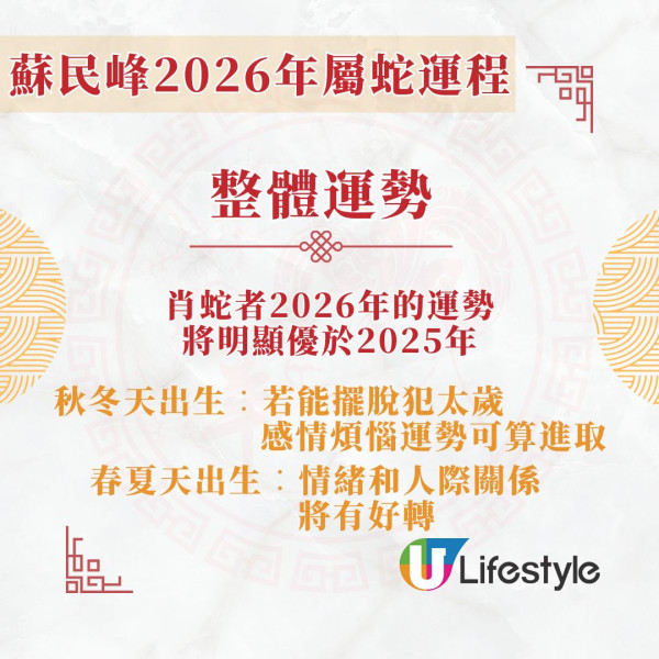 蘇民峰2026馬年運程︱屬蛇告別犯太歲 霧水桃花旺事業/「陌越」吉星助升職加薪！