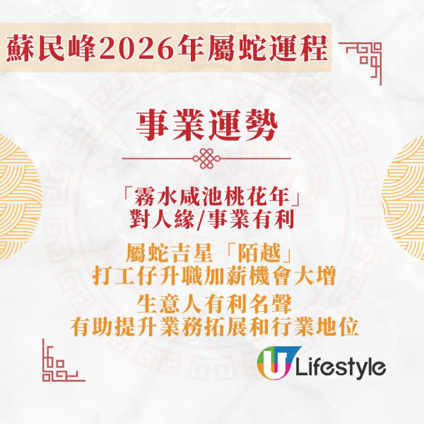 蘇民峰2026馬年運程︱屬蛇告別犯太歲 霧水桃花旺事業/「陌越」吉星助升職加薪！