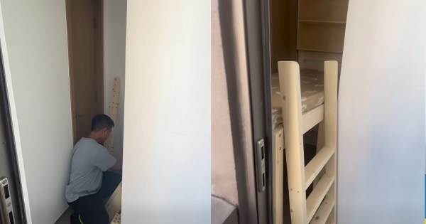 影片中，其中一名安裝員工示範躺上床，可見空間狹窄得只能平躺，想轉身亦相當困難。（截圖：Facebook：牛牛家具製造有限公司）