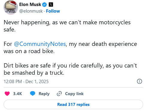 Tesla 電單車概念片瘋傳型爆！Elon Musk 竟親自留言 自爆「瀕死經歷」有陰影？