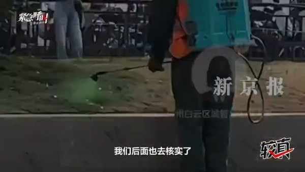有片!廣州工人狂噴綠色液體枯草變綠有無毒?官方揭液體真身