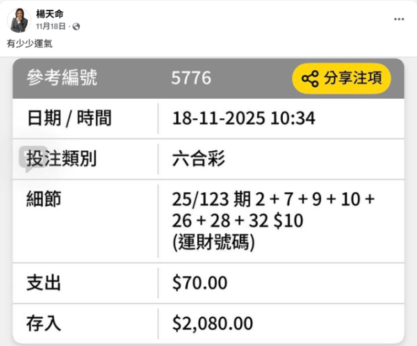 六合彩｜楊天命師傅連中三期六合彩贏3.8萬！開班教六合彩秘技 靠一攻略中獎？網民一跟即中獎