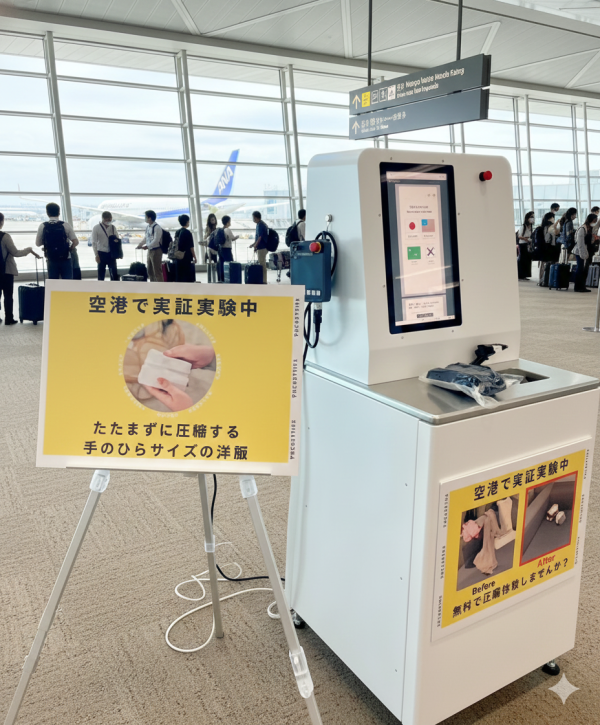 AI示意圖 唔怕買爆喼!東京成田機場「衣物壓縮機」限時免費!1分鐘厚衫羽絨變手掌大慳半個喼位