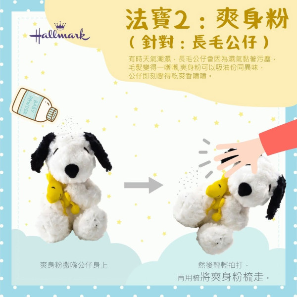 乾洗毛公仔方法|2. 爽身粉(適合長毛公仔)。圖片來源:Hallmark Hong Kong
