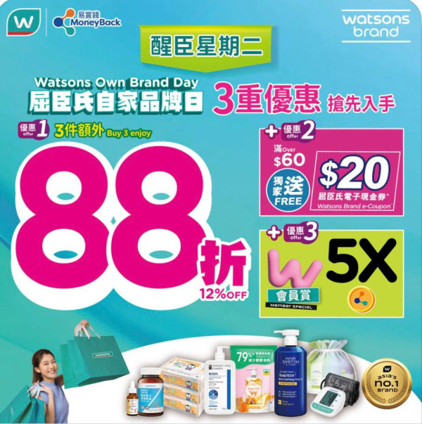 屈臣氏突發優惠全單88折！快閃1日滿$60送$20現金券／附必搶$1產品