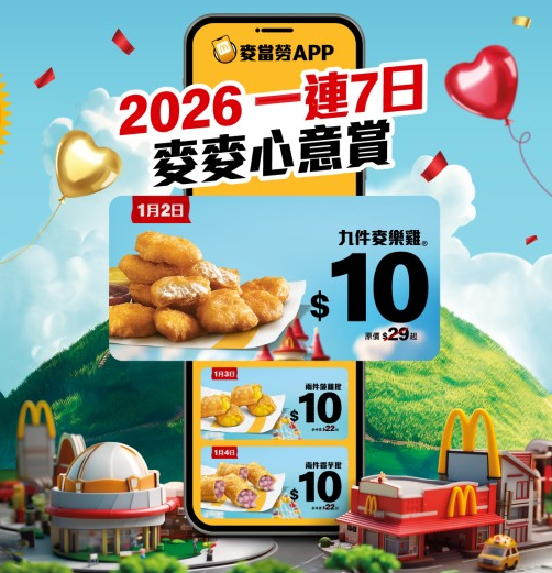 麥當勞優惠｜$10九件麥樂雞回歸！一連7日優惠 $10兩件香芋批或菠蘿批／$25菠蘿脆辣雞腿飽／$20四件脆香雞翼配汽水