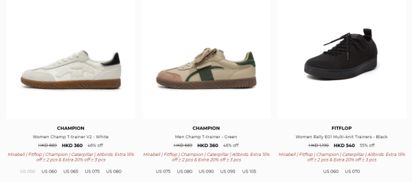 名牌運動鞋/短靴開倉低至3折!最後2日!$180起入手Champion / MIRABELL / FitFlop / Caterpillar