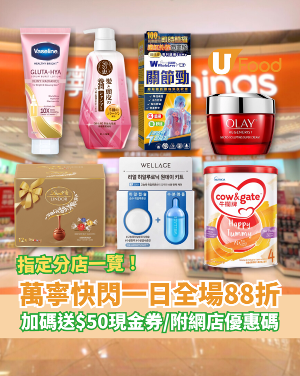 萬寧一日快閃全場88折！教1招免費送$50現金券／必買新年禮盒＋護膚品＋個人護理 (附指定分店名單)