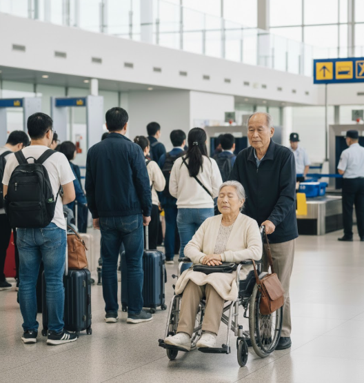 帶僵屍過關!80歲老翁推輪椅妻坐飛機 活死人異樣安檢一摸嚇呆