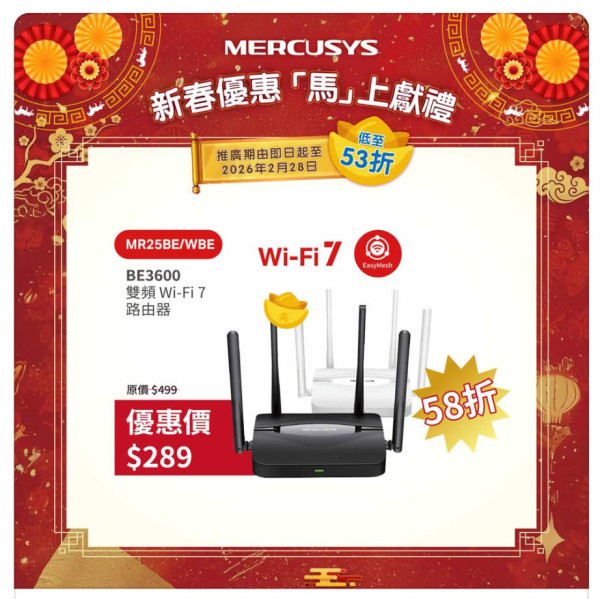 Wi-Fi 7 路由器跌穿 $300？MERCUSYS 劈價 53 折推新春優惠【附抵玩型號推介】