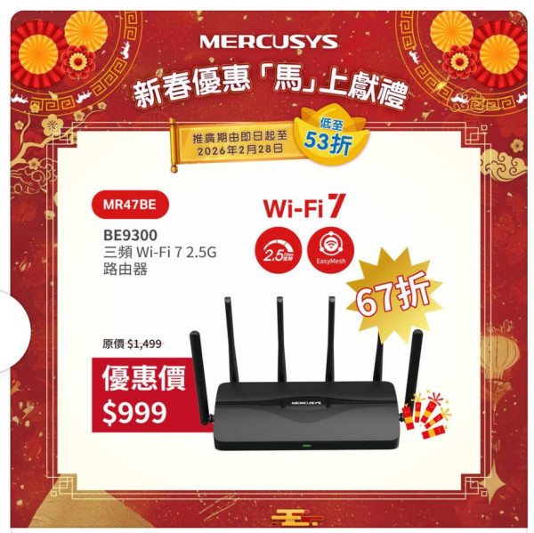Wi-Fi 7 路由器跌穿 $300？MERCUSYS 劈價 53 折推新春優惠【附抵玩型號推介】