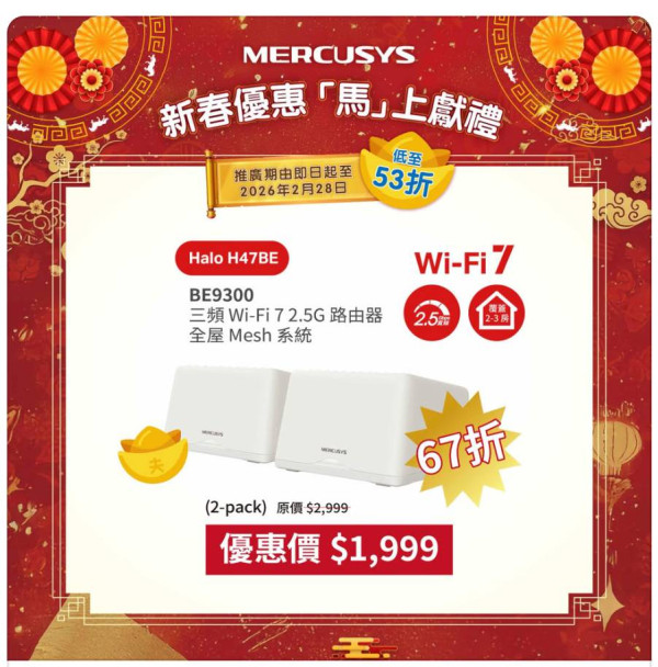 Wi-Fi 7 路由器跌穿 $300？MERCUSYS 劈價 53 折推新春優惠【附抵玩型號推介】