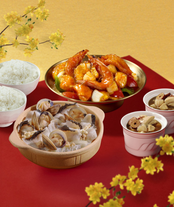 大快活海鮮二人餐! $138歎脆魚片海蜆粉絲煲+菠蘿大蝦咕嚕肉+滋補養生燉湯 ／消費滿$50即送大麻成揮春