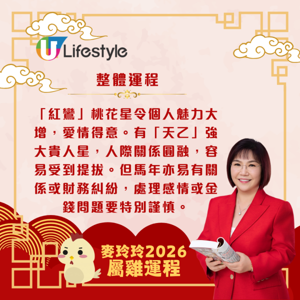 麥玲玲生肖運程2026｜屬雞吉星拱照貴人扶持 桃花暢旺帶動事業財運齊飛