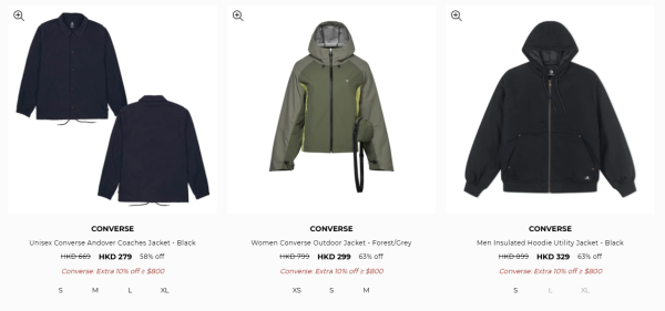 Converse激罕開倉低至4折！平底鞋/高筒鞋/厚底鞋$159起！棒球外套/風褸/運動外套/羽絨激減$600！