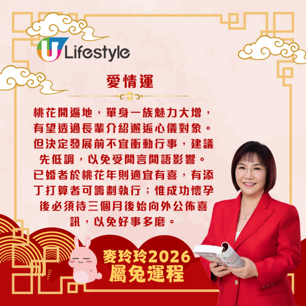 麥玲玲生肖運程2026｜屬兔桃花開遍地 單身者有望遇心儀對象 惟與舊朋友或生意伙伴易走向兩極