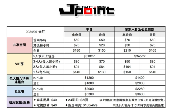 J-Point全日點收費價錢（圖片來源︰J-Point全日點）