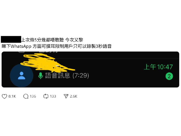 WhatsApp Voice Message「水蛇春咁長」令網民吃不消 想提議 WhatsApp「只可以錄 3 秒語音」