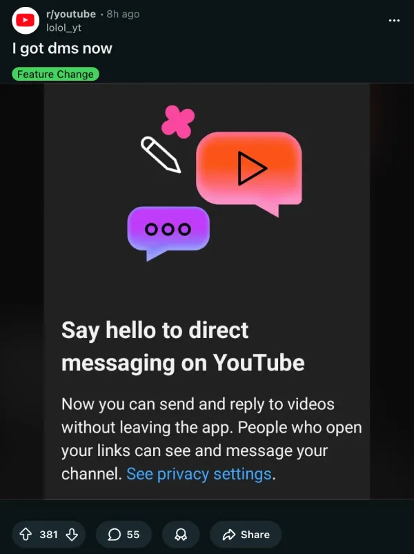 YouTube突發更新！重推「私訊」聊天功能竟限18歲以上用戶 分享片不用複製連結