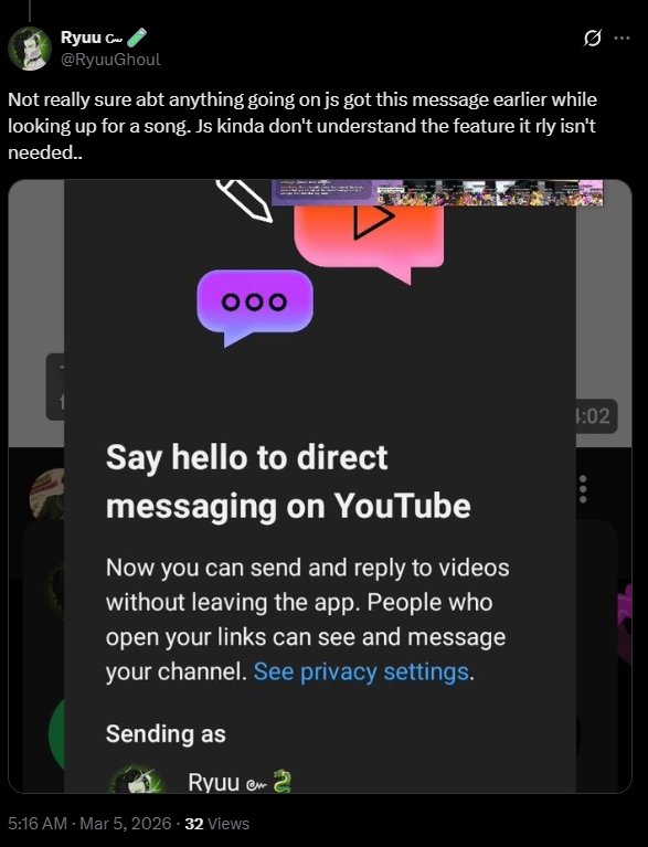 YouTube突發更新！重推「私訊」聊天功能竟限18歲以上用戶 分享片不用複製連結