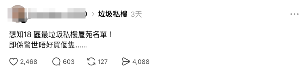 港人列18區「最差」私樓名單。（截圖：Threads）