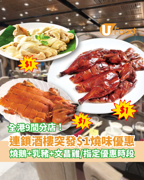 連鎖酒樓突發$1燒味優惠！狂劈$1歎燒鵝＋乳豬＋文昌雞／即睇指定優惠時段 (全港9間分店)