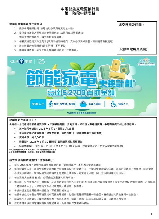 中電3千萬家電資助3.17起接受申請！每戶獲$2700補貼 官方揭3類人合資格