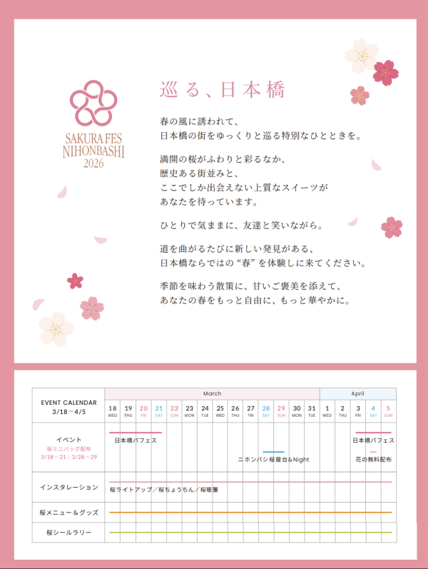 SAKURA FES NIHONBASHI 2026(圖片來源:nihonbashi-sakurafes.art) 東京櫻花祭2026|東京賞櫻勝地8大推介!日本橋櫻花限定甜點、小金井1400棵櫻花盛放