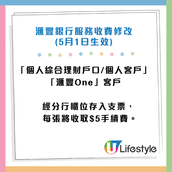 滙豐5月1日起推新服務收費！櫃位打簿每次$50／入支票一張$5！6類人士可獲豁免