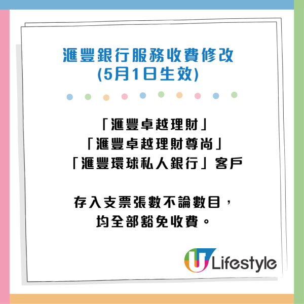 滙豐5月1日起推新服務收費！櫃位打簿每次$50／入支票一張$5！6類人士可獲豁免