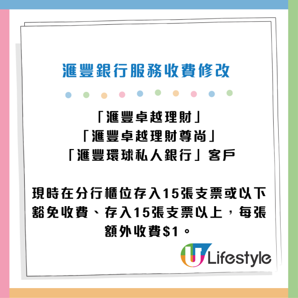 滙豐5月1日起推新服務收費！櫃位打簿每次$50／入支票一張$5！6類人士可獲豁免