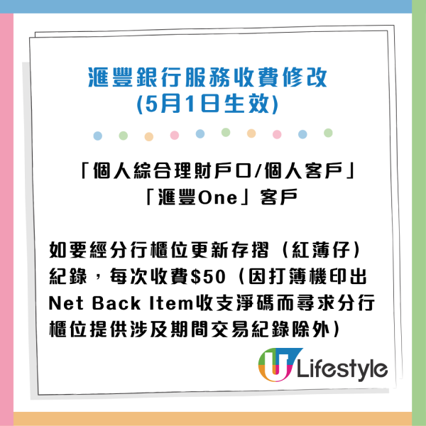 滙豐5月1日起推新服務收費！櫃位打簿每次$50／入支票一張$5！6類人士可獲豁免