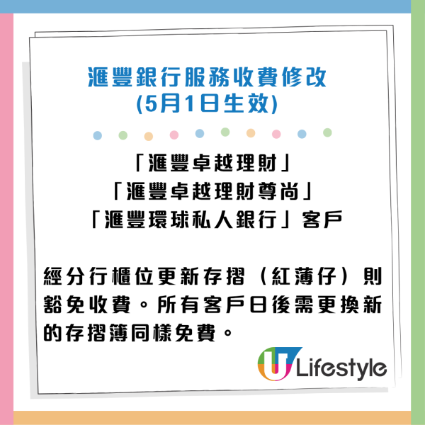 滙豐5月1日起推新服務收費！櫃位打簿每次$50／入支票一張$5！6類人士可獲豁免