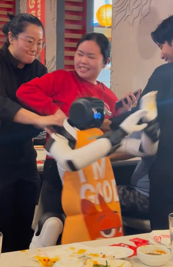 【有片】美國海底撈機械人表演變「拆場」？失控拍枱倒瀉碗碟遭3店員「制伏」　網民：智能叛變