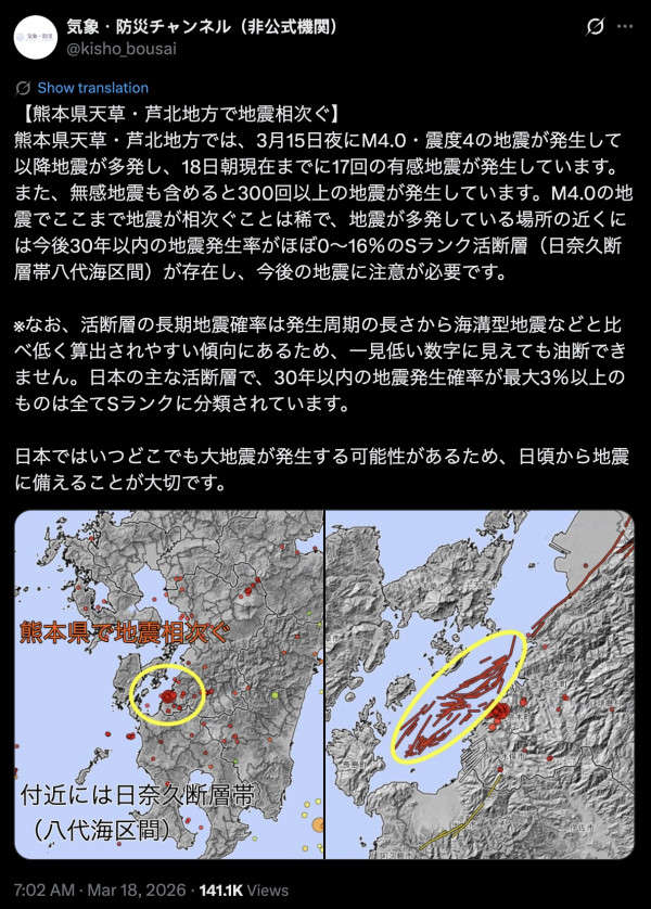 熊本南部連日地震現「群震」現象 一周狂震過千次 專家：須防範中度地震 