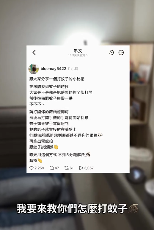 半夜捉蚊千萬別開大燈！網民教1招「側照法」滅蚊 牆上秒現巨大黑影