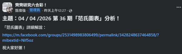 資料來源：「齊齊研究六合彩！」Facebook群組