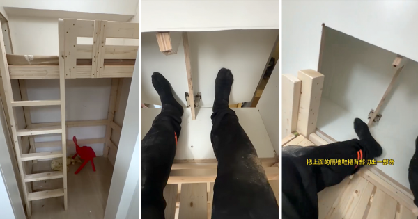 傢俱公司的最終方案是將大門旁的上方鞋櫃背部切出，讓床位延伸進去。圖片來源：Facebook