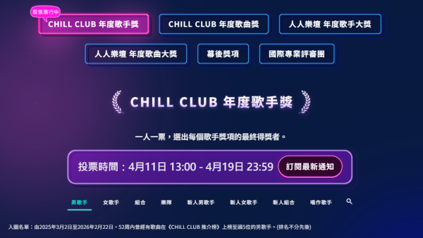 Chill Club頒獎禮2026｜投票日期詳情/獎項入圍完整名單+直播收看方法