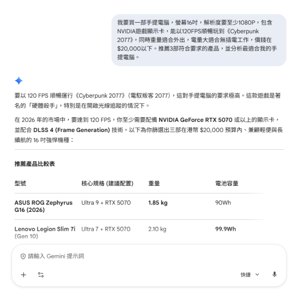 選擇困難症福音！實測Gemini AI購物產品比較：一條龍分析+推介+性能+售價！附圖文教學+指令
