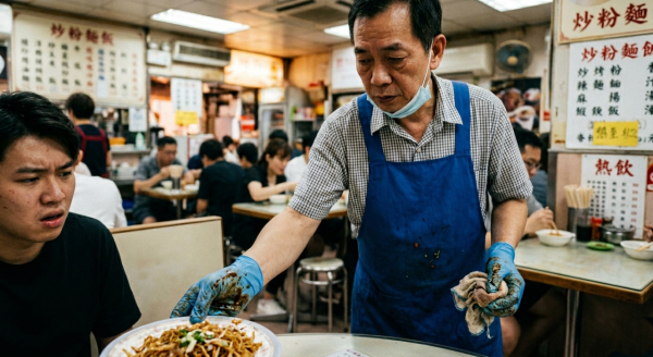 網民目擊沾滿上手餸汁超嘔心。（AI製圖）
