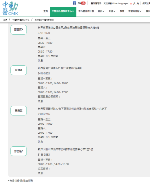 18間中醫診所地址及預約電話（圖片來源︰政府資助中醫門診服務）