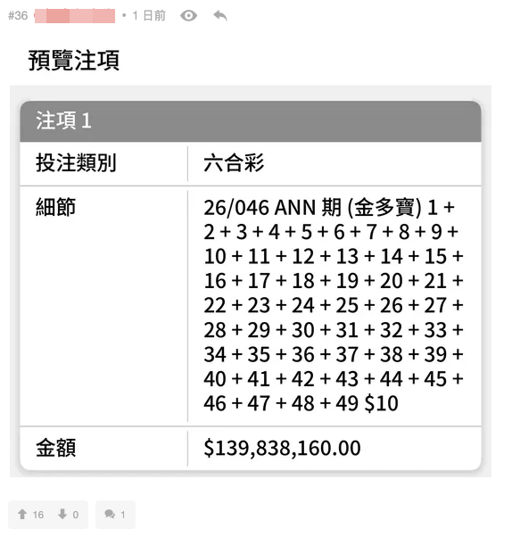 港人發現買六合彩「有bug」 教一方法可穩賺6千萬（截圖：連登討論區）