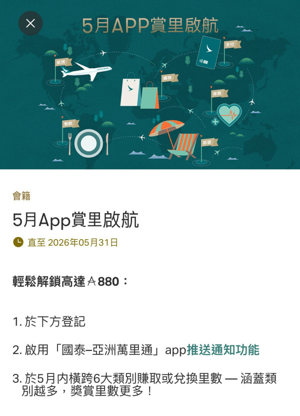 國泰Asia Miles5月快閃送880里數！消費即可領 新客再享額外驚喜！ 